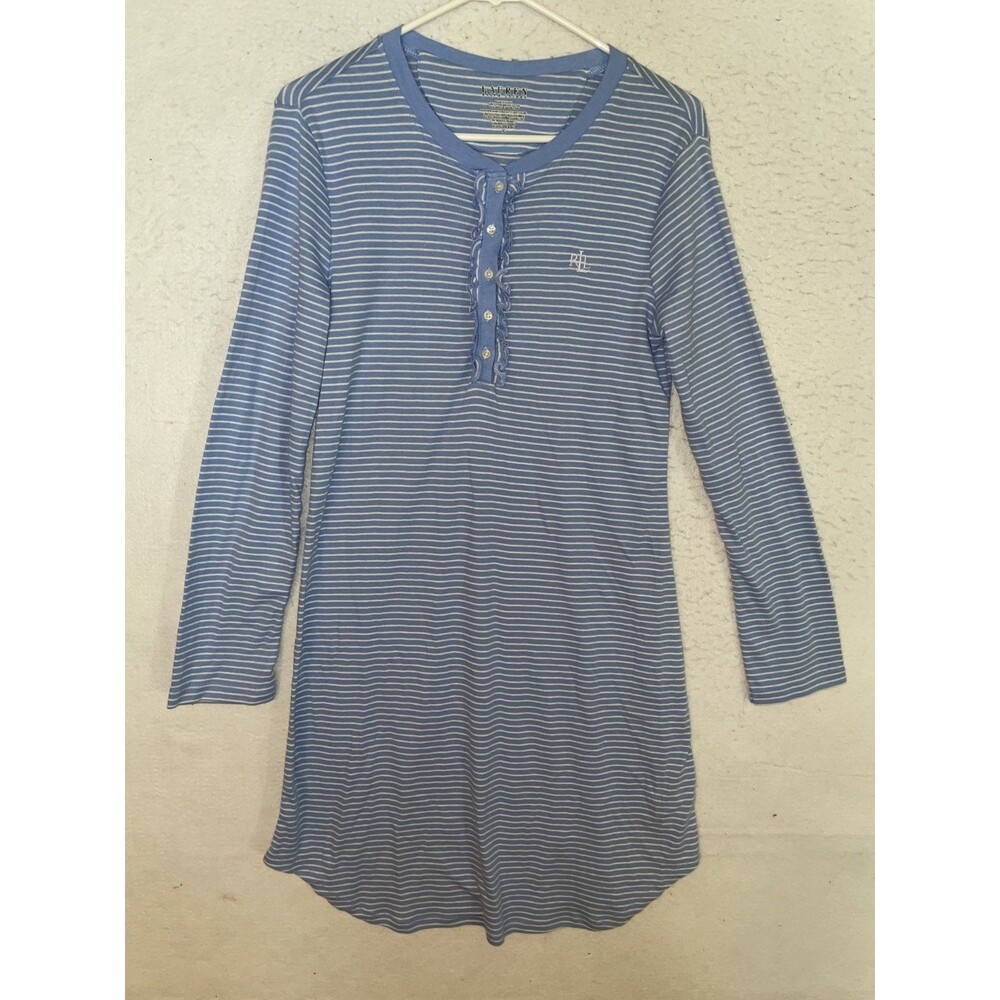 Ralph Lauren Blue White striped Night Gown Long Sleep knit dress PJ Shirt Sz S